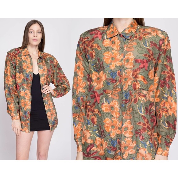 90s Silk Earth Tone Floral Blouse - Medium | Vintage‎ Button Up Secretary Top - Picture 1 of 8